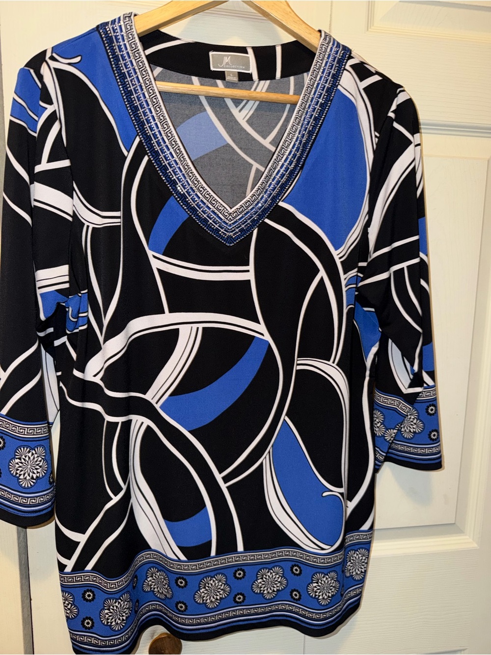 JM Collection Black, Blue and White V-Neck Geometric tunicwith embellished neck